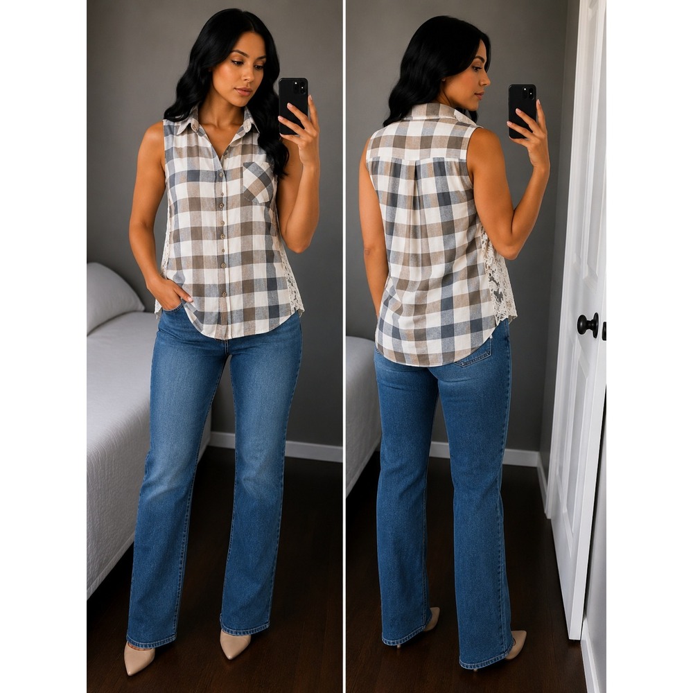 a'reve Women Medium Gray Tan Plaid Lace Pocket Sleeveless Button Down BOHO Tunic